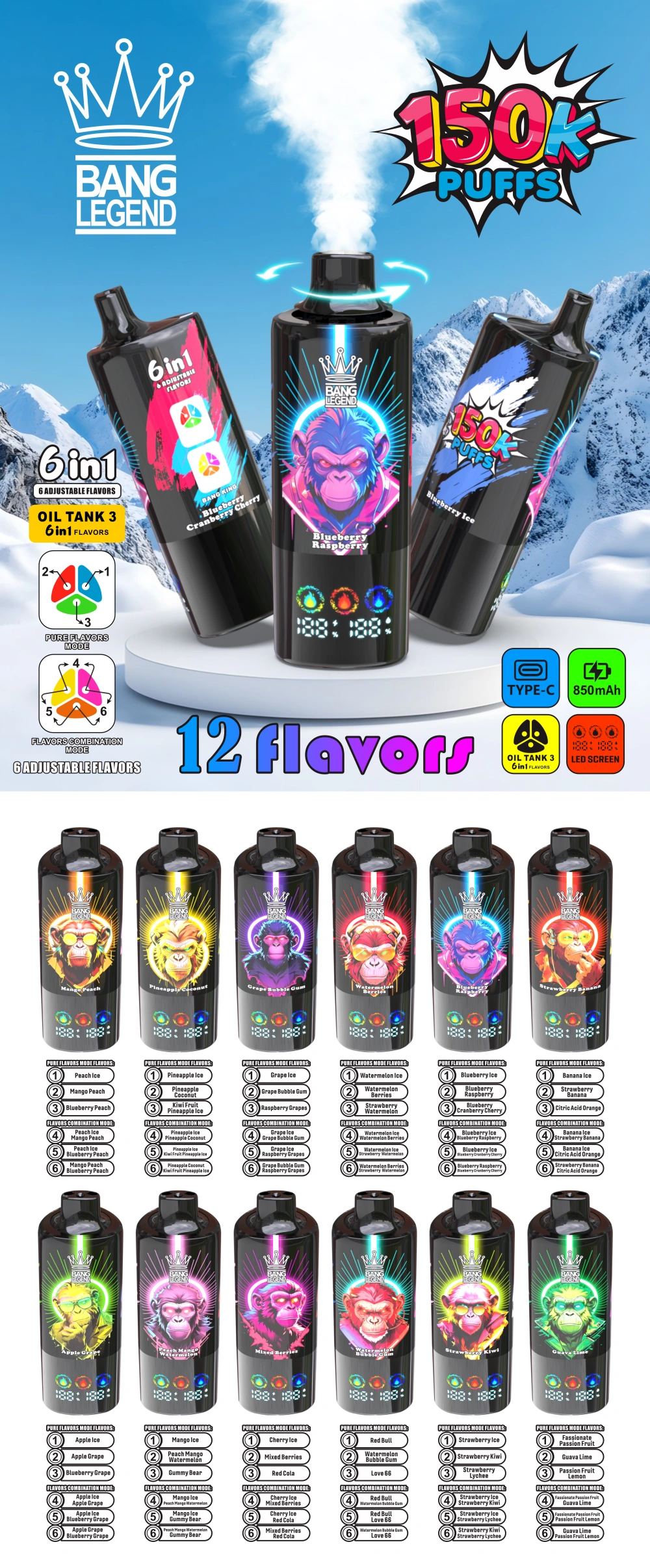 150k Puffs Vaper Bang Legend 150000 Jednorazowy Vape 6 w 1 Magazyn UE