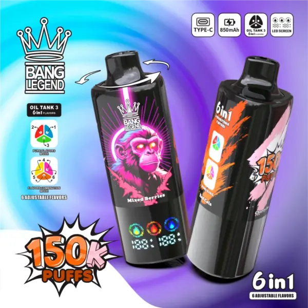 Bang Legend 150000 Puffs Vape detaliczny 6 w 1 Kup 2 sztuki w pojedynczym opakowaniu 14 150k Puffs Vaper Bang Legend 150000 Jednorazowy Vape 6 w 1 Magazyn UE
