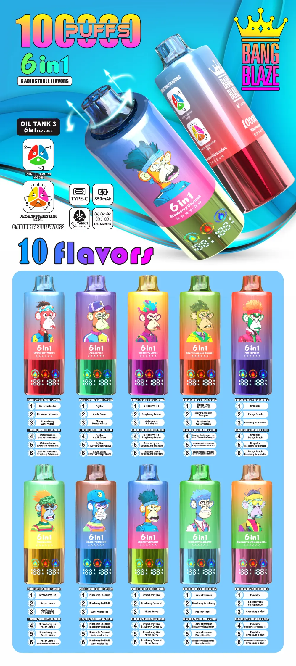 Bang Blaze 100k Puffs Jednorazowy Vape 6 w 1 100000 Zaciągnięć Darmowa Wysyłka z Magazynu UE