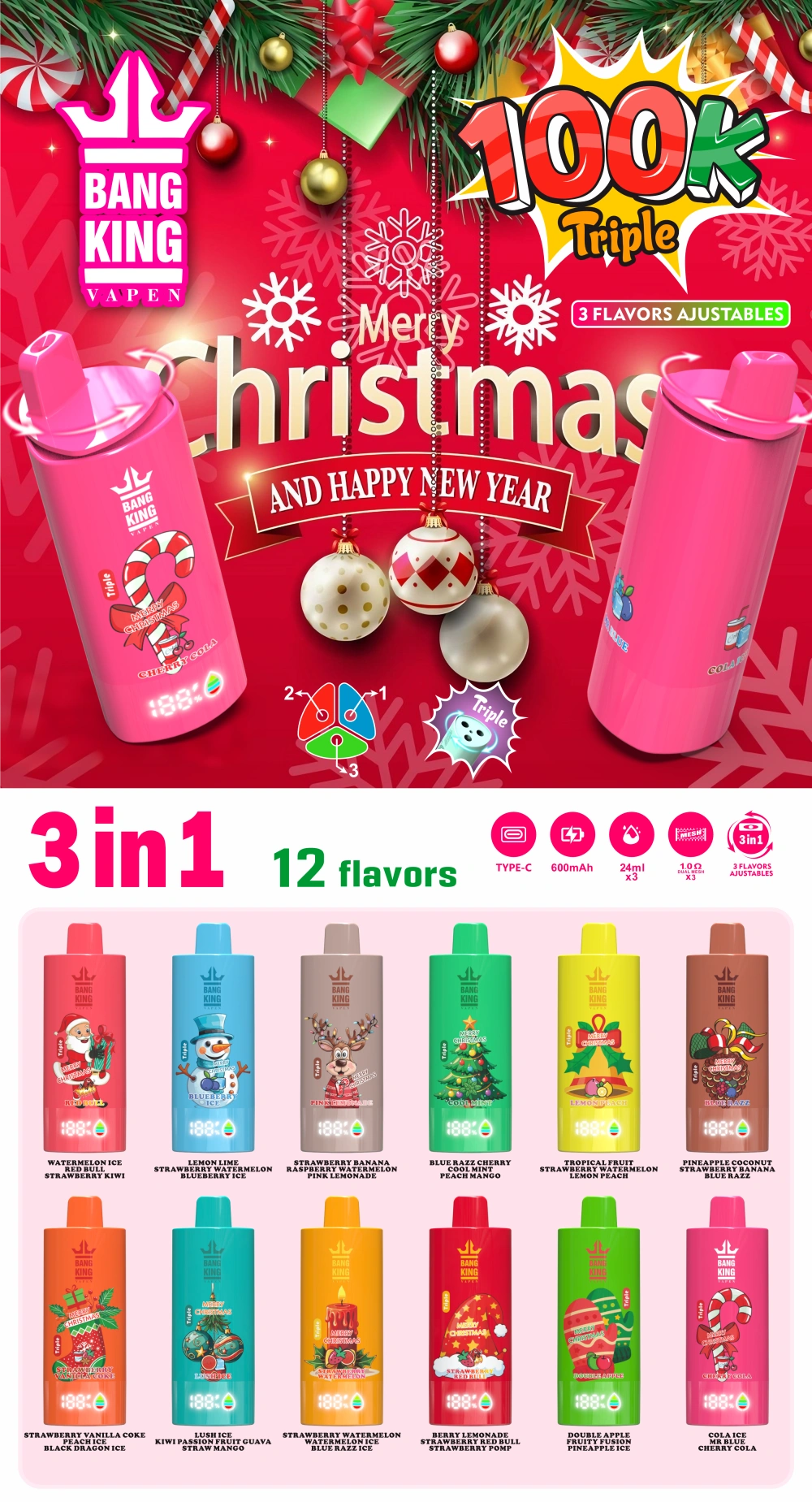 Bang King 100k Puffs Vape 3 w 1 Potrójny Zestaw Świąteczny 12 Smaków

