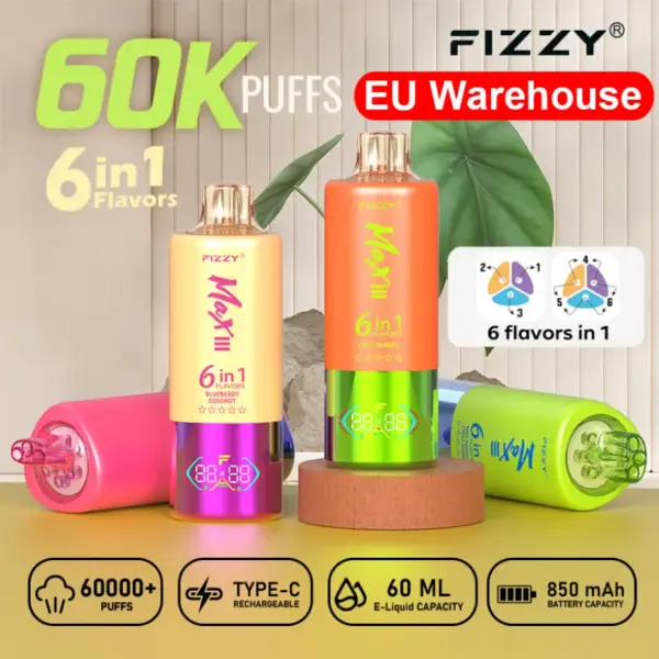 Fizzy 60K 60000 Zaciągnięć Jednorazowy Vape 6 w 1 Smaki Darmowa Wysyłka z Magazynu UE