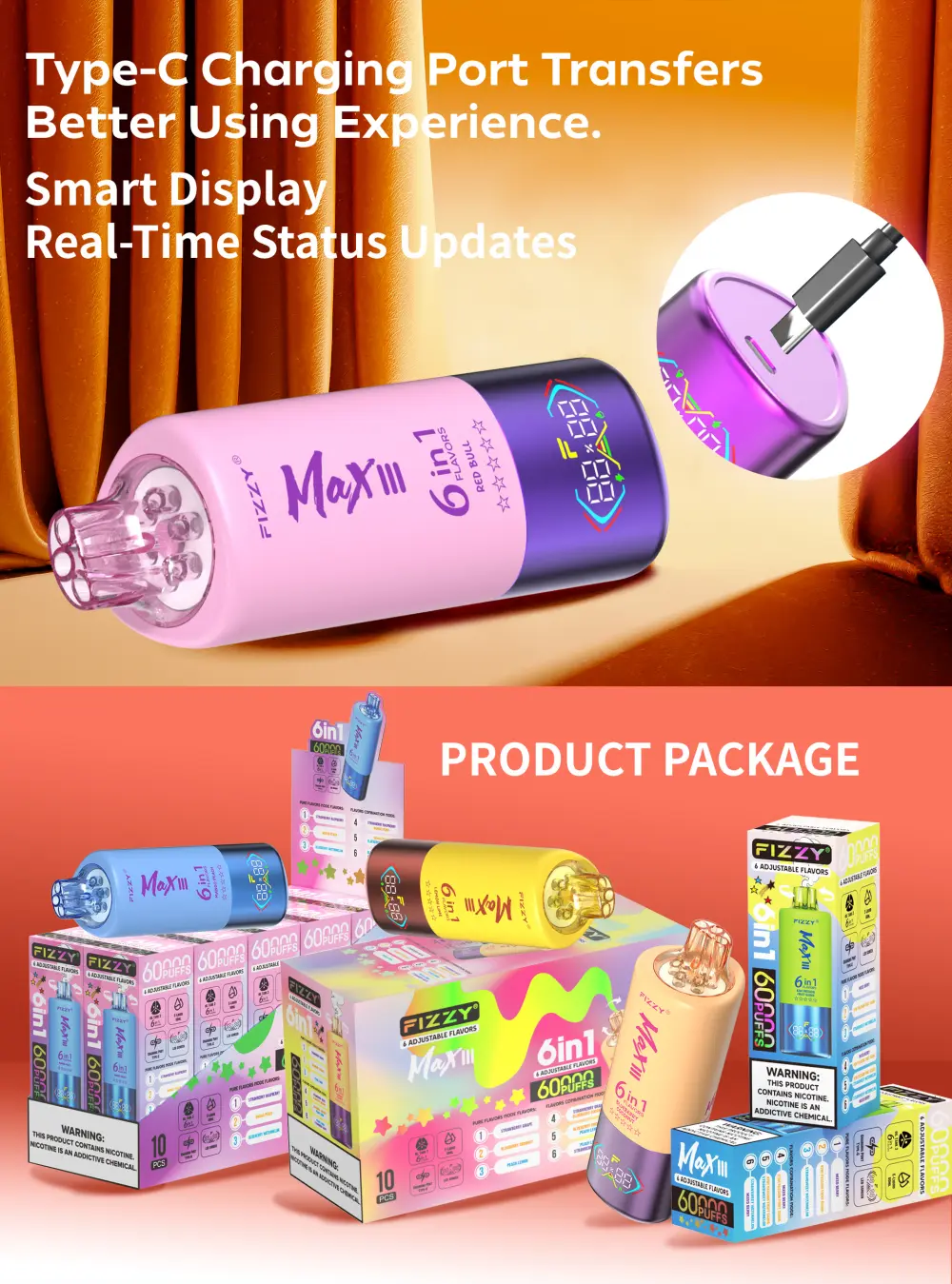 Fizzy 60K 60000 Zaciągnięć Jednorazowy Vape 6 w 1 Smaki Darmowa Wysyłka z Magazynu UE