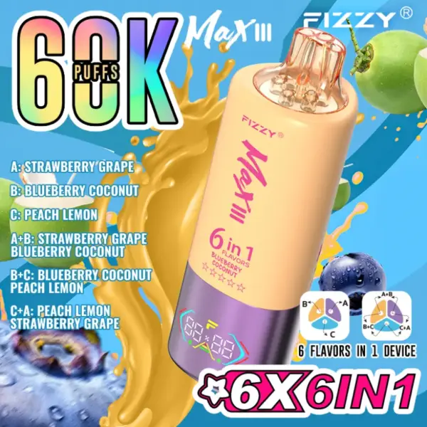 Fizzy 60K 60000 Zaciągnięć Jednorazowy Vape 6 w 1 Smaki Darmowa Wysyłka z Magazynu UE