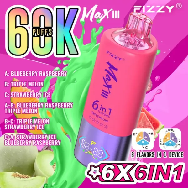 Fizzy 60K 60000 Zaciągnięć Jednorazowy Vape 6 w 1 Smaki Darmowa Wysyłka z Magazynu UE