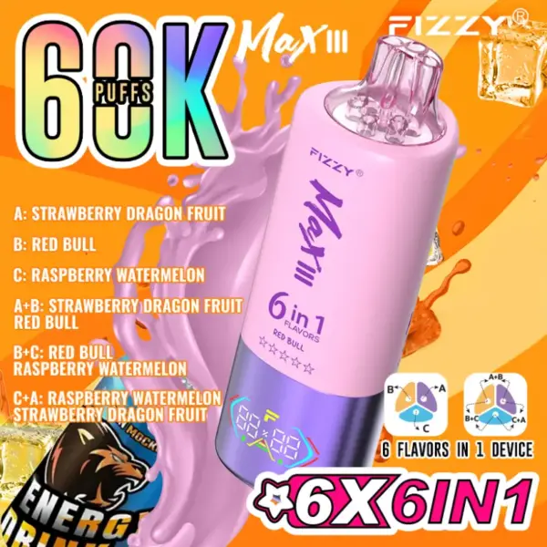Fizzy 60K 60000 Zaciągnięć Jednorazowy Vape 6 w 1 Smaki Darmowa Wysyłka z Magazynu UE