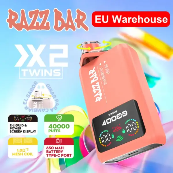 Razz Bar 40000 Puffs Vape Jednorazowy Smaki 2 w 1 40K Nadajacy sie do Ladowania Darmowy Smak Magazyn UE