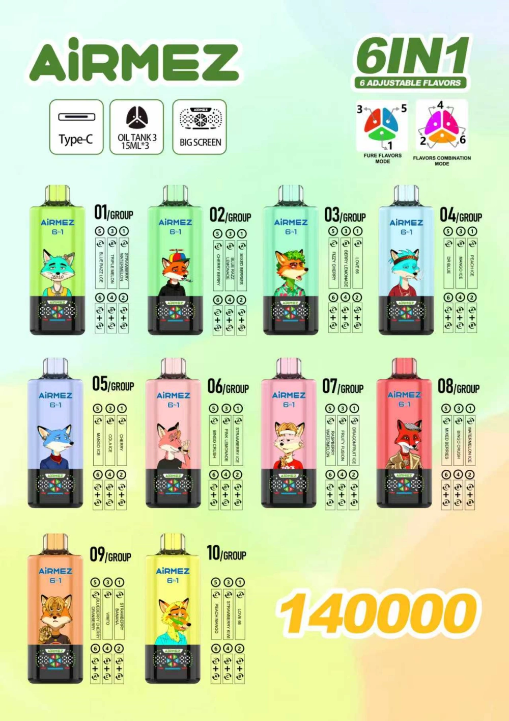 Airmez 140k Zaciągnięć Jednorazowy Vape 6 w 1 Hurt 3-7 Dni Roboczych Wysyłka Magazyn UE 16 Airmez 140k Zaciągnięć Vape Jednorazowy 6 w 1 Hurt 3-7 Dni Roboczych Wysyłka Magazyn UE