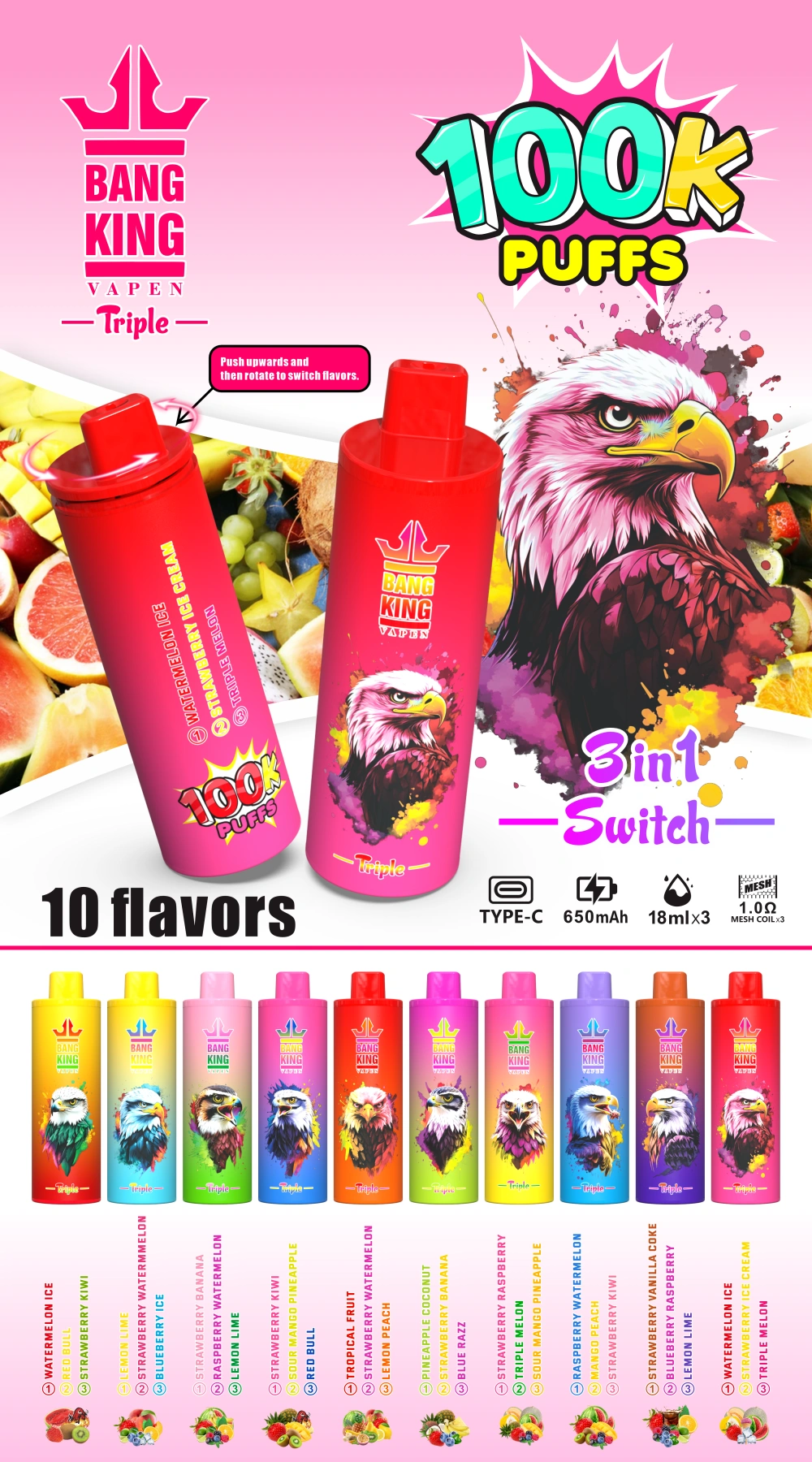 Bang King 100000 Puffs 100k Jednorazowy E-papieros 3 w 1 Trzy Smaki Darmowa Wysyłka Sprzedaż Hurtowa 16 Bang King 100000 Puffs 100k Jednorazowy E-papieros 3 w 1 Trzy Smaki Darmowa Wysyłka Sprzedaż Hurtowa