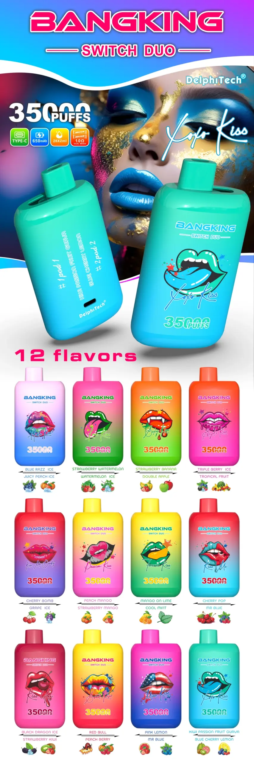 Bang King 35000 zaciągnięć Swith Duo jednorazowy e-papieros 2 w 1 podwójny smak 35k magazyn UE 16 Bang King 35000 zaciągnięć Swith Duo jednorazowy e-papieros 2 w 1 podwójny smak 35k magazyn UE