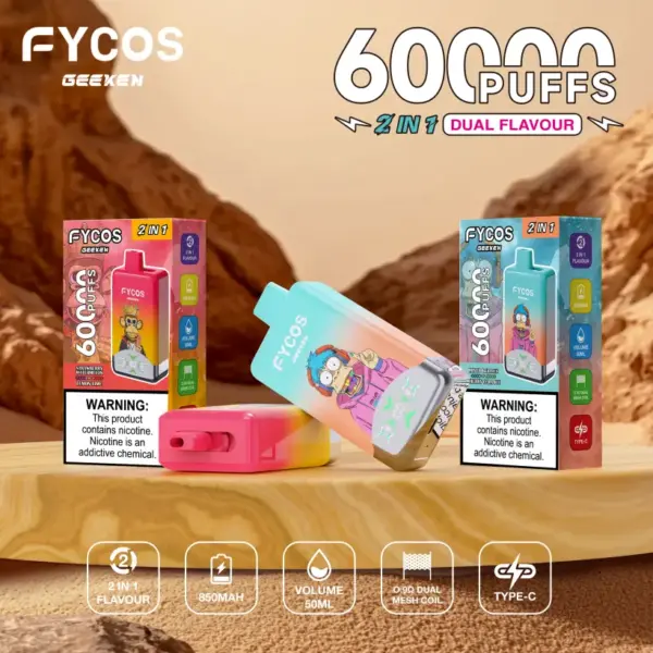 FYCOS 60K Puffs Jednorazowy E-papieros 60000 2 w 1 Podwójny Smak Darmowa Wysyłka