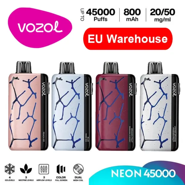 Vozol Neon 45000 Zaciągnięć 45K Jednorazowy Vape z Kontrolą Lodu Magazyn UE