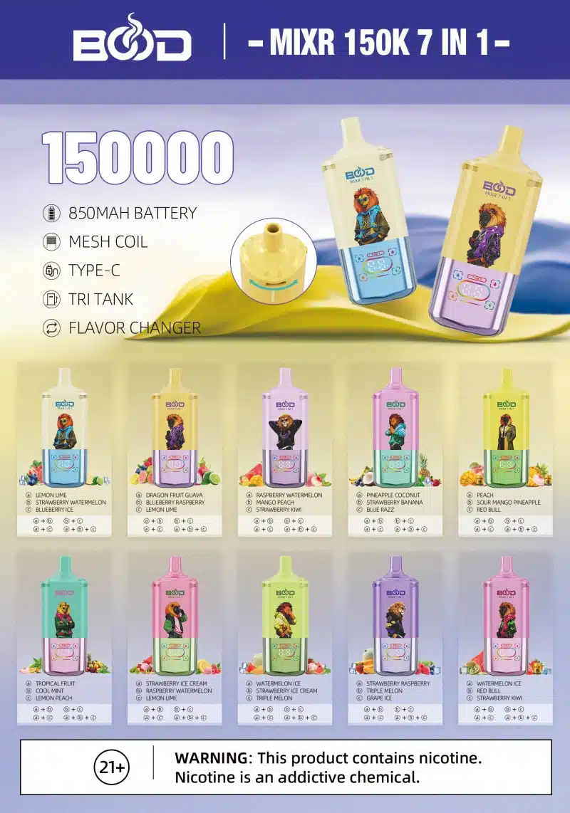 BOOD 150K Zaciągnięć MIXR 7 W 1 Smaki Jednorazowy Vape Sprzedaż Hurtowa Darmowa Wysyłka 16 BOOD 150K Zaciągnięć MIXR 7 W 1 Smaki Jednorazowy Vape Sprzedaż Hurtowa Darmowa Wysyłka