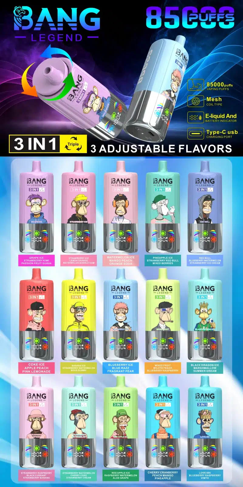 Bang Legend 85000 Puffs 85k Jednorazowy Vape 3 w 1 Darmowa Wysyłka z Magazynu w Chinach