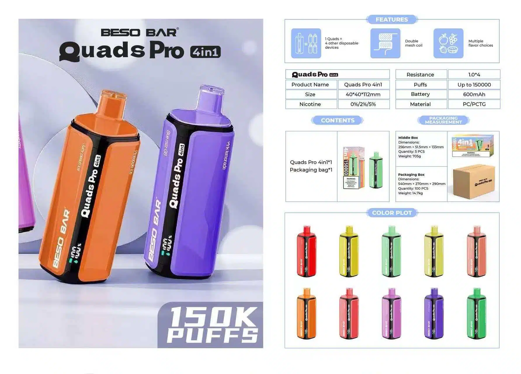 BESO BAR Quads Pro 150K Puffs 4 w 1 Jednorazowy Vape o Smakach Owocowych Darmowa Wysyłka 14 BESO BAR Quads Pro 150K Puffs 4 w 1 Jednorazowy Vape o Smakach Owocowych Darmowa Wysyłka