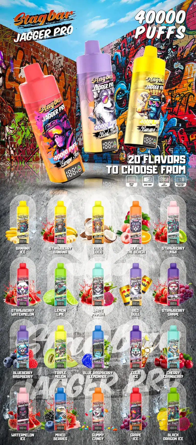 Stagbar Jagger Pro 40K Puffs 40000 Jednorazowy E Papieros Hurt Magazyn UE